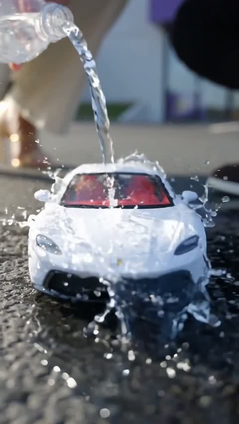 Toma macro de agua salpicando sobre un auto